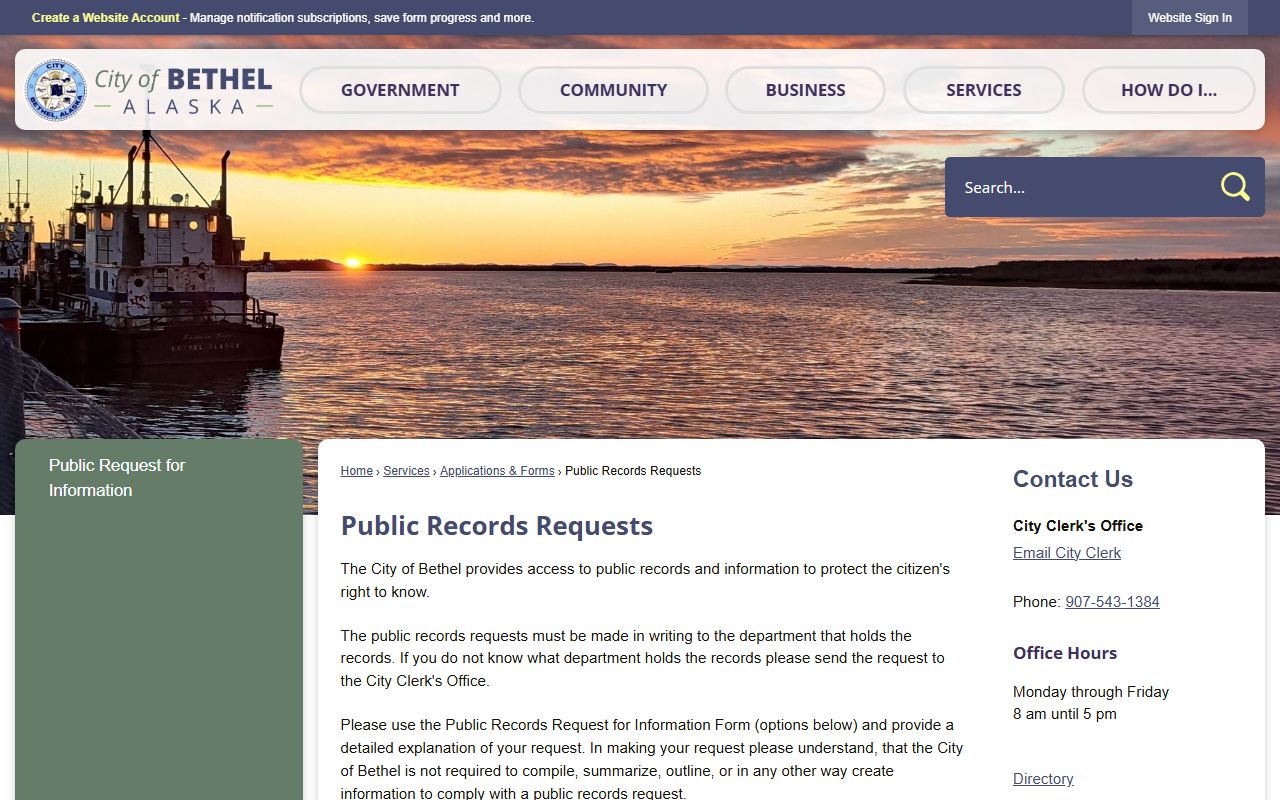 Bethel Alaska public records city records request page