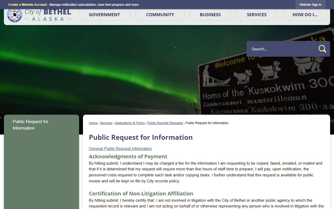 Bethel Alaska public records public request for information page