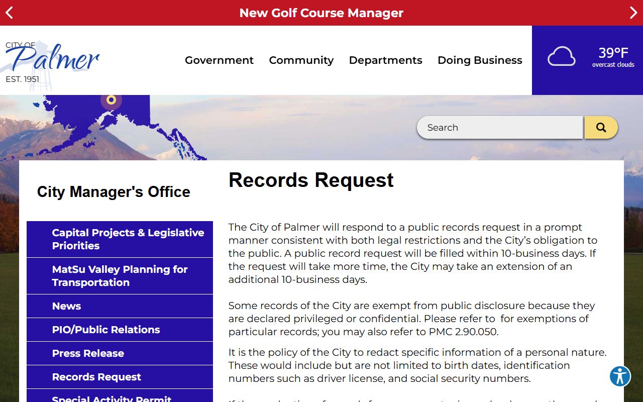 Palmer Alaska public records city records request page