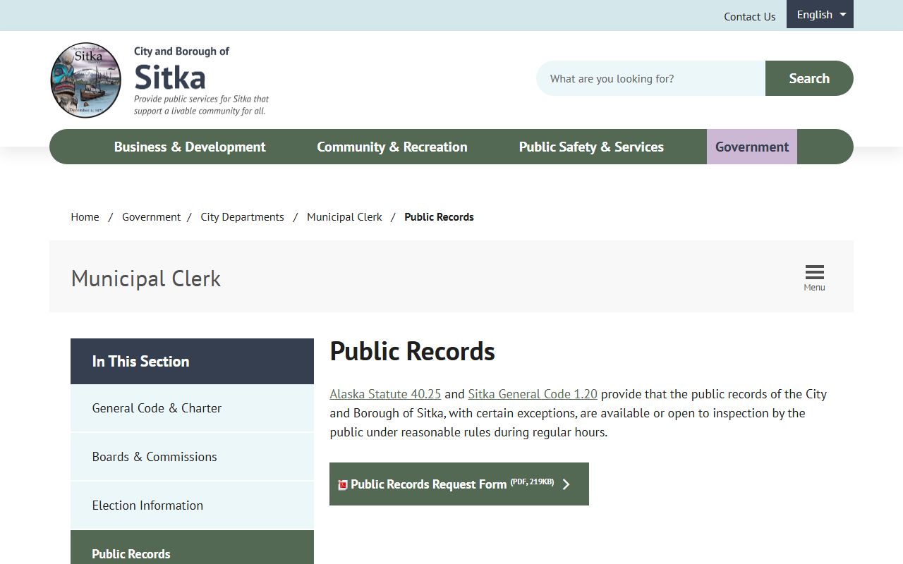 Sitka Alaska public records Municipal Clerk records request page