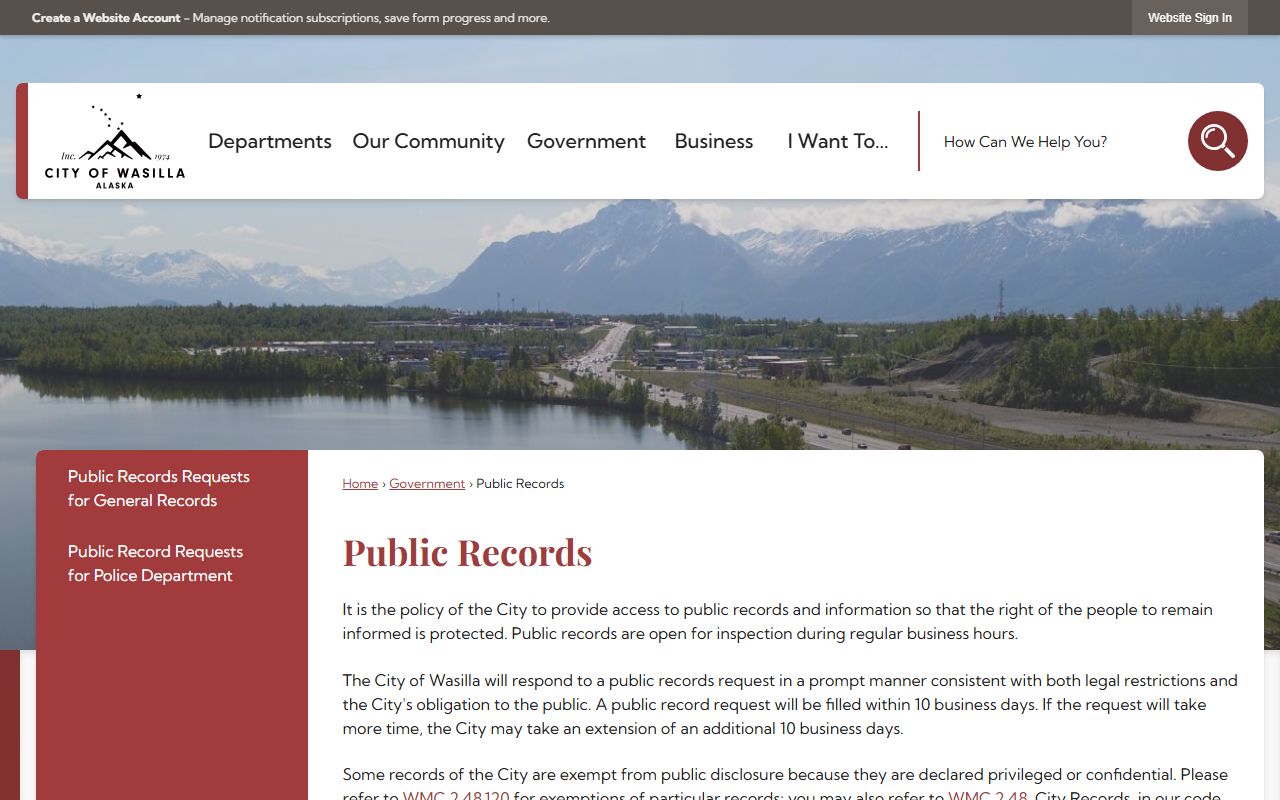 Wasilla Alaska city public records request page