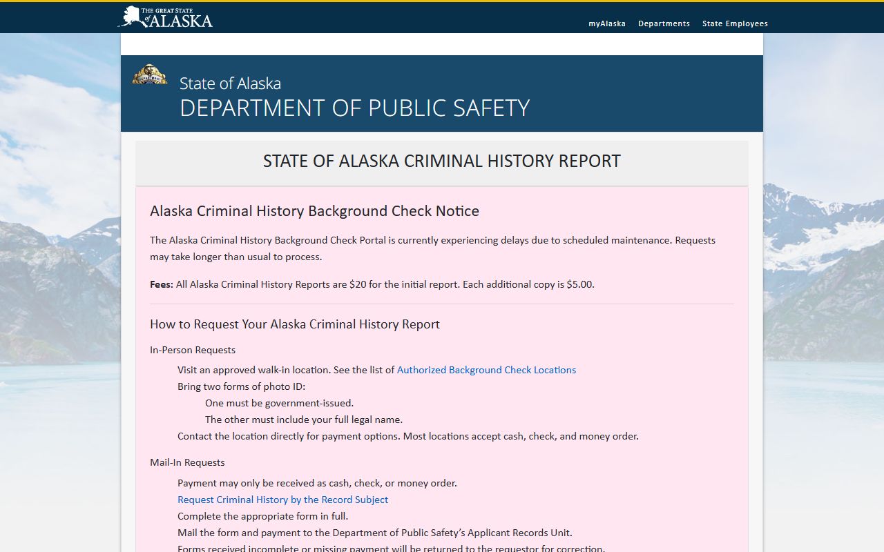 Alaska DPS criminal history background check public records portal