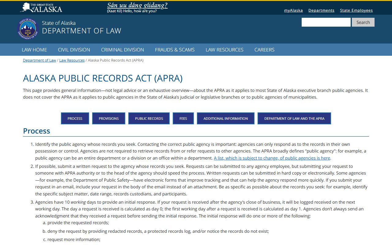 Alaska Public Records Act APRA legal information Department of Law