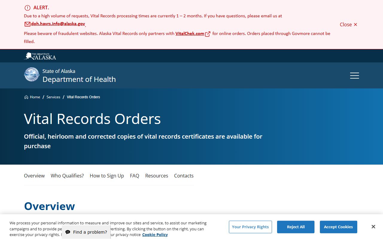 Alaska Bureau of Vital Statistics vital records ordering page